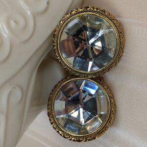 Vintage 60s Crystal Earrings Round Gold Tone Hollywood Glam